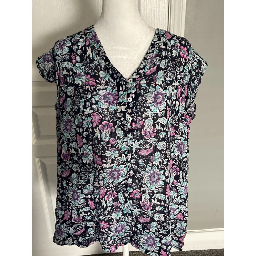Lane Bryant Blue and Purple Floral Popover V Neck Henley Cotton Blouse Top 26/28